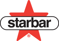 Starbar products logo of a red star and white label with black text